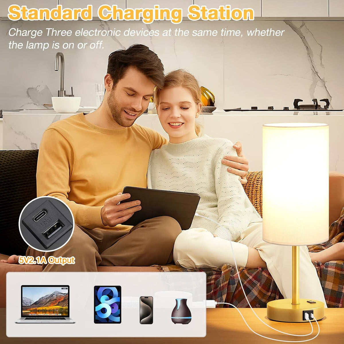 Dicoool Bedside Table Lamp for Bedroom - 3-Way Dimmable Touch Lamp, USB A+C