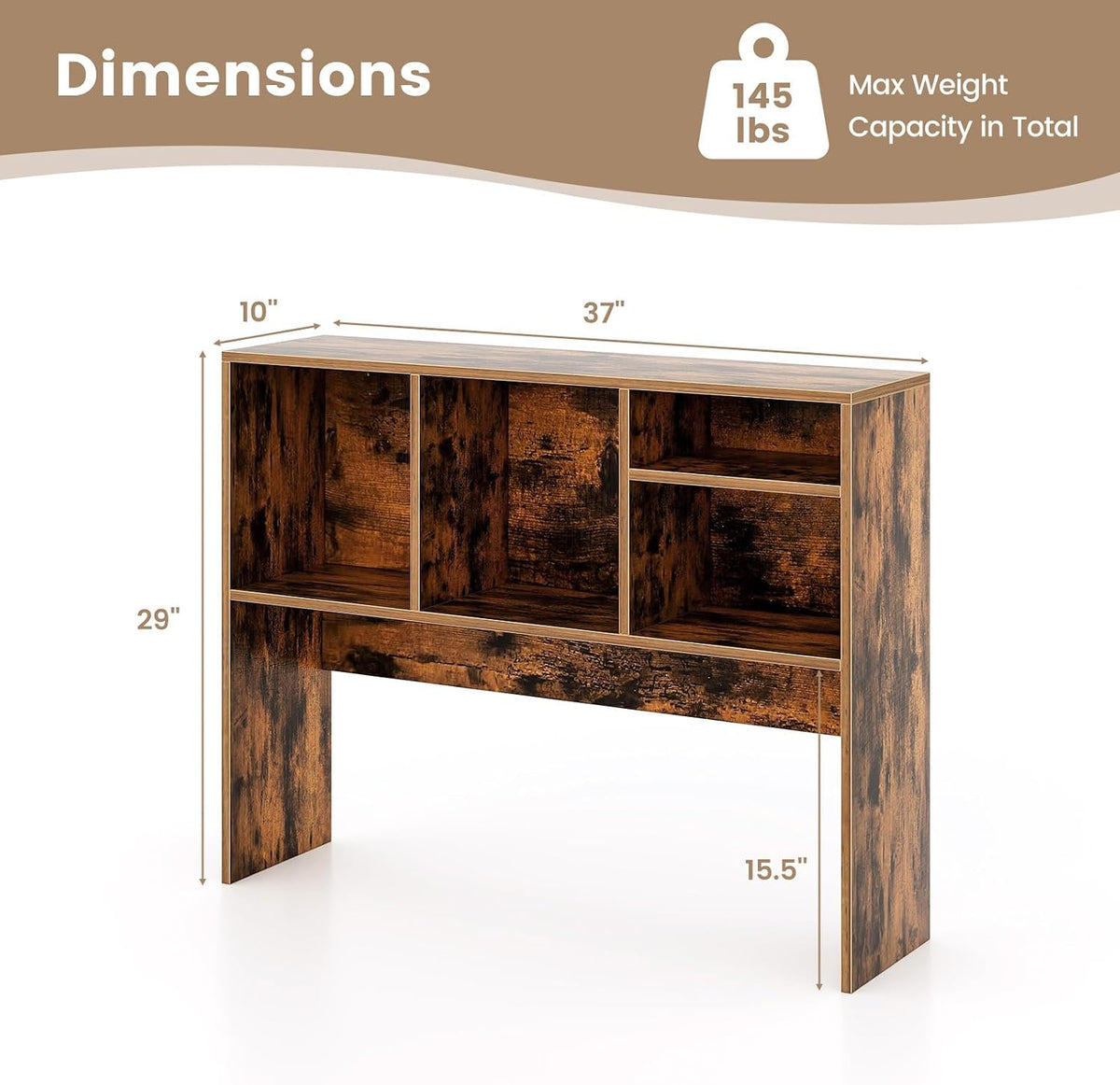 Desktop Bookshelf, Countertop Storage Hutch with 5 Shelves for Computer Desk, Desk 3-Tier Display Rack, Multipurpose Wood Desktop Hutch Storage Organizer for Dorm Office Home