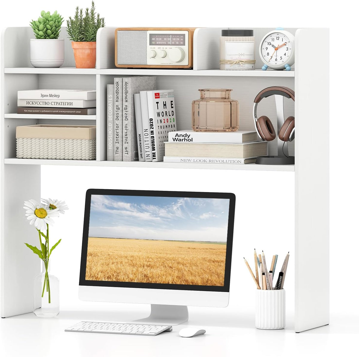 Desktop Bookshelf, Countertop Storage Hutch with 5 Shelves for Computer Desk, Desk 3-Tier Display Rack, Multipurpose Wood Desktop Hutch Storage Organizer for Dorm Office Home