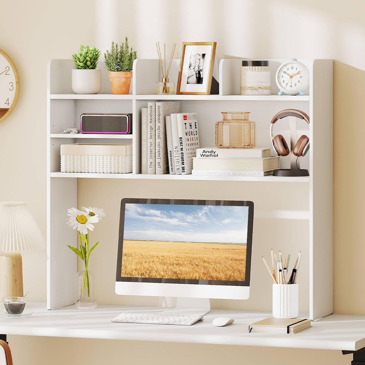 Desktop Bookshelf, Countertop Storage Hutch with 5 Shelves for Computer Desk, Desk 3-Tier Display Rack, Multipurpose Wood Desktop Hutch Storage Organizer for Dorm Office Home