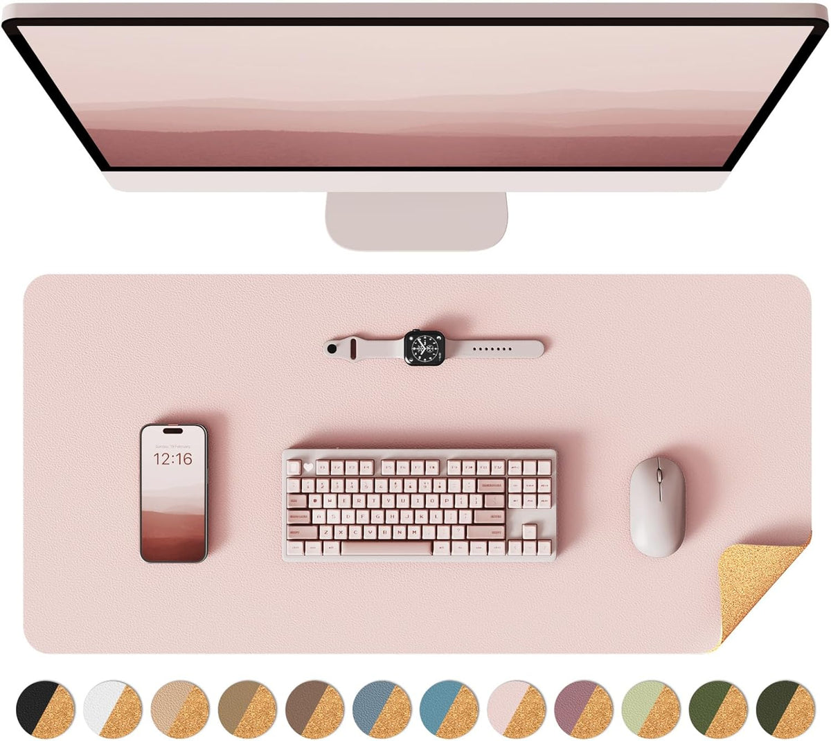 Double-Sided Desk Pad, 31.5"x15.7"Leather Desk Mat, Eco Cork Desk Pad Protector,Large Mouse Pad,Waterproof Desk Blotter for Office/Home(Coffee)