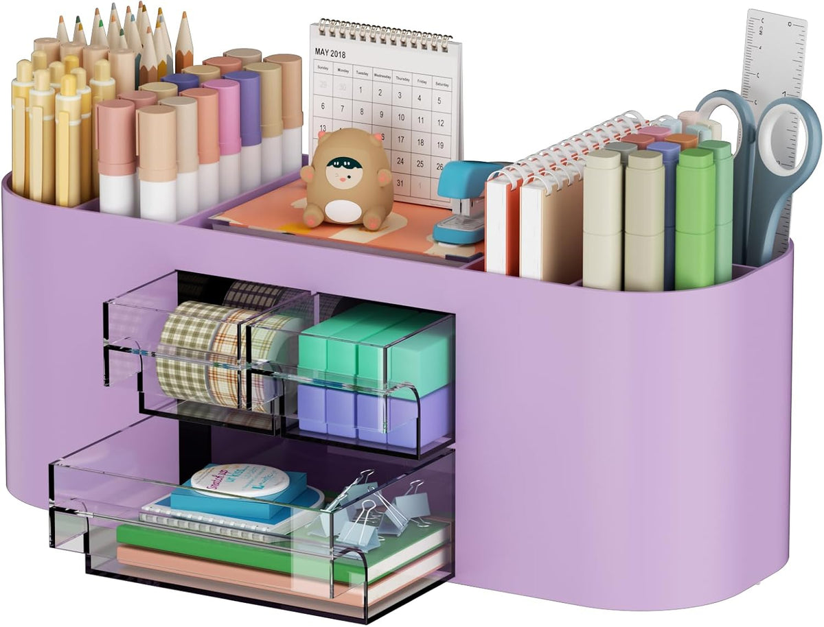 Marbrasse Desk Organizer Pen Holder for Desk with 3 Drawers, Multi-Functional Pencil Holder, Desk Organizers and Accessories with 7 Compartments for Home, School, Classroom(Pink)