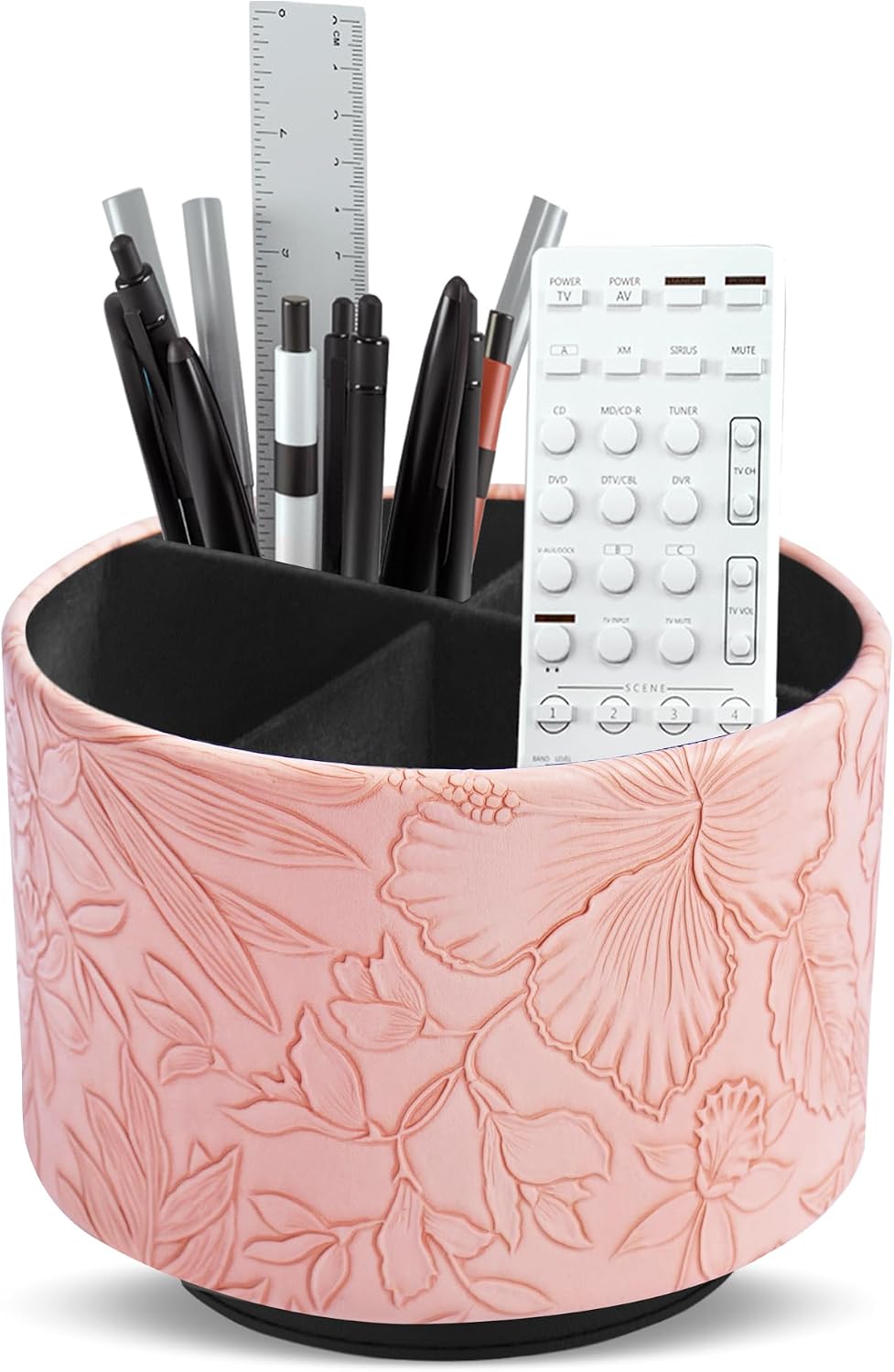 Round Leather Art Supply Organizer,Remote Control Holder,360 Degree Rotating,Multi-Functional Pencil Holder,4 Compartments Desktop Stationary Organizer(1-Blue Bird) - Colors C