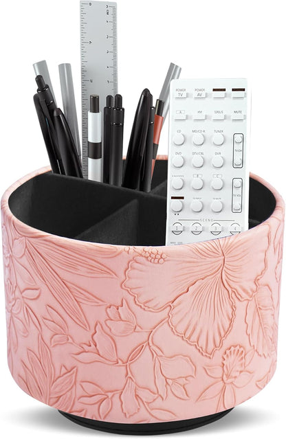 Round Leather Art Supply Organizer,Remote Control Holder,360 Degree Rotating,Multi-Functional Pencil Holder,4 Compartments Desktop Stationary Organizer(1-Blue Bird) - Colors C