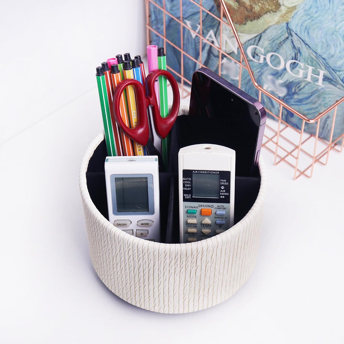 Round Leather Art Supply Organizer,Remote Control Holder,360 Degree Rotating,Multi-Functional Pencil Holder,4 Compartments Desktop Stationary Organizer(1-Blue Bird) - Colors C