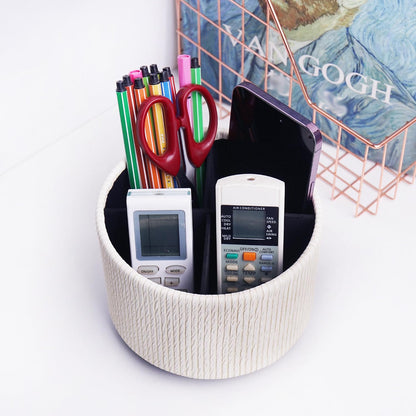 Round Leather Art Supply Organizer,Remote Control Holder,360 Degree Rotating,Multi-Functional Pencil Holder,4 Compartments Desktop Stationary Organizer(1-Blue Bird) - Colors C