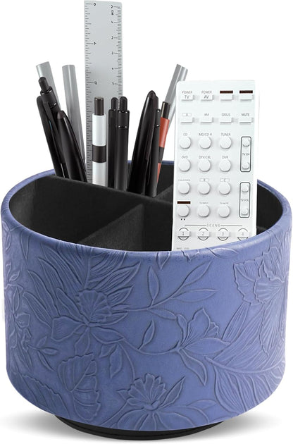 Round Leather Art Supply Organizer,Remote Control Holder,360 Degree Rotating,Multi-Functional Pencil Holder,4 Compartments Desktop Stationary Organizer(1-Blue Bird) - Colors B