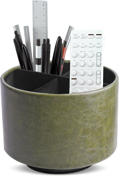 Round Leather Art Supply Organizer,Remote Control Holder,360 Degree Rotating,Multi-Functional Pencil Holder,4 Compartments Desktop Stationary Organizer(1-Blue Bird) - Colors A
