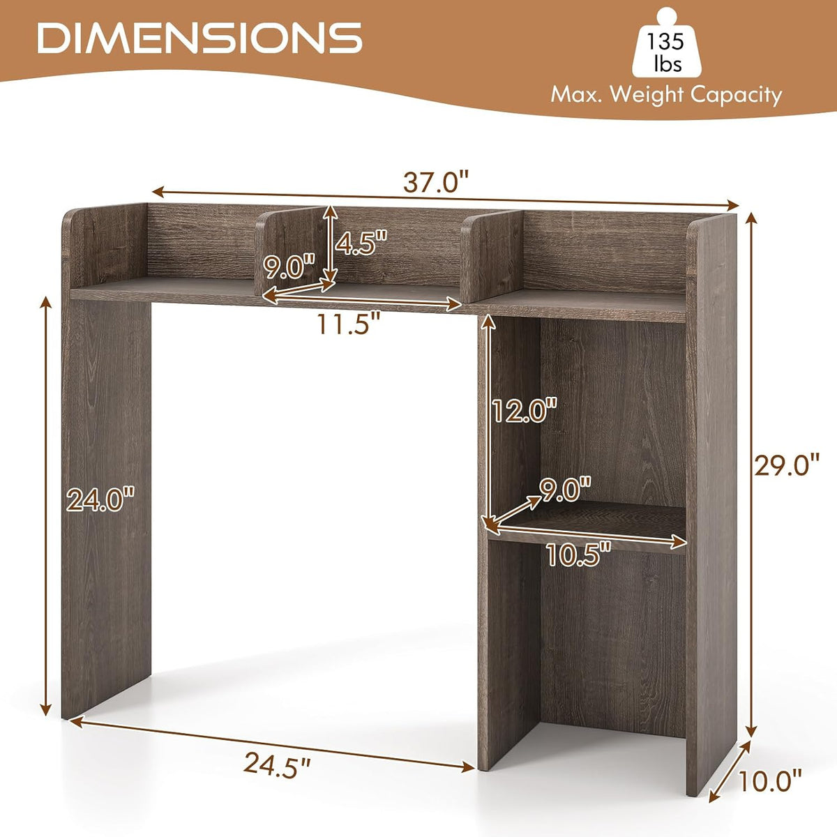 Desktop Bookshelf, Countertop Storage Hutch with 5 Shelves for Computer Desk, Desk 3-Tier Display Rack, Multipurpose Wood Desktop Hutch Storage Organizer for Dorm Office Home