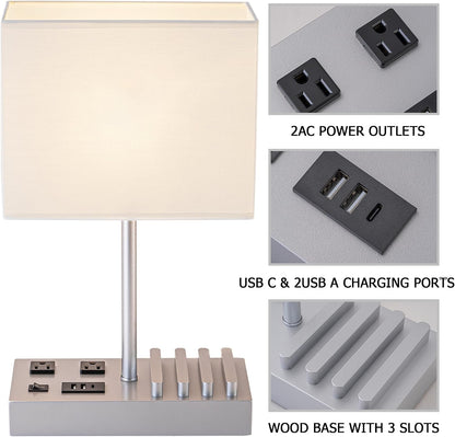 Dreamholder Desk Lamp with 3 USB Charging Ports, Table Lamp with 2AC Outlets and 3 Phone Stands, Nightstand Bedside Lamp with Natural Wooden Base and Cream Linen Shade