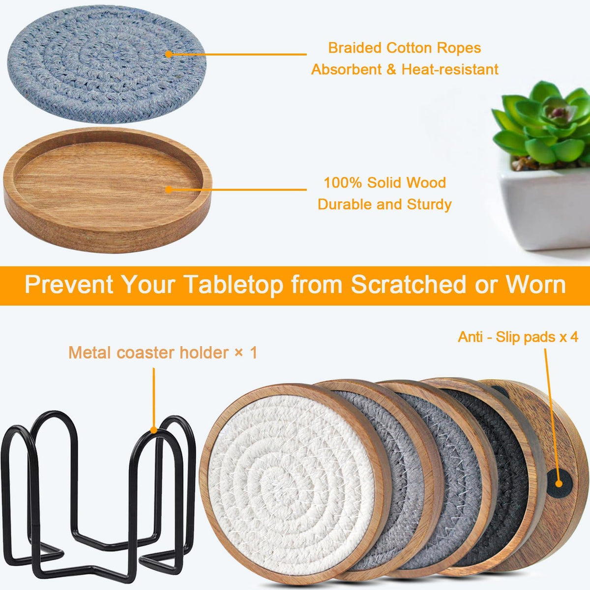 Wood Coasters for Drinks, Eykao Absorbent Coaster Sets of 5, Woven Drink Coasters for Coffee Table, Housewarming Gift for Farmhouse Home Decor,4 inches