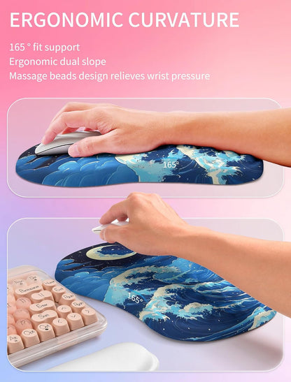 2in1 Combination, Wave Keyboard Wrist Rest and Ergonomic Curvature Mouse Pad Wrist Support for Relieve Wrist Pain, Filled with Soft Cushion Memory Foam, Black