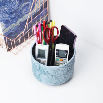 Round Leather Art Supply Organizer,Remote Control Holder,360 Degree Rotating,Multi-Functional Pencil Holder,4 Compartments Desktop Stationary Organizer(1-Blue Bird) - Colors A