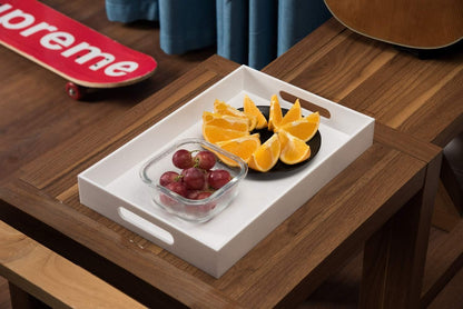 KEVLANG Glossy White Sturdy Acrylic Serving Tray with Handles-12x20 Inch-Serving Coffee Appetizer Breakfast-Kitchen Countertop Makeup Drawer Organizer-Vanity Table Ottoman Decorative Tray