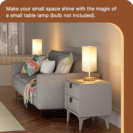 Wood-Grain Small Bedside Lamp for Bedroom - Square Cream Fabric Shade