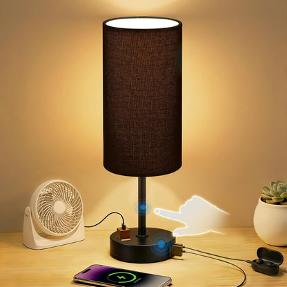 Table Lamp for Nightstand, High-Sensitivity Touch, 3-Level Dimmable Bedside Lamp with AC Outlet | USB | and USB-C, Ideal Night Stand Lamp for Bedroom, Reading, Living Room(Warm&Wooden)