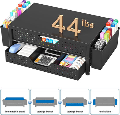 Desk Organizers and Accessories, Computer Monitor Stand Riser with Drawer and 2 Pen Holders, Printer & Laptop Stand, Office Desk Accessories & Workspace Organizers for Home Office Supplies, Black