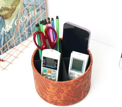 Round Leather Art Supply Organizer,Remote Control Holder,360 Degree Rotating,Multi-Functional Pencil Holder,4 Compartments Desktop Stationary Organizer(1-Blue Bird) - Colors A