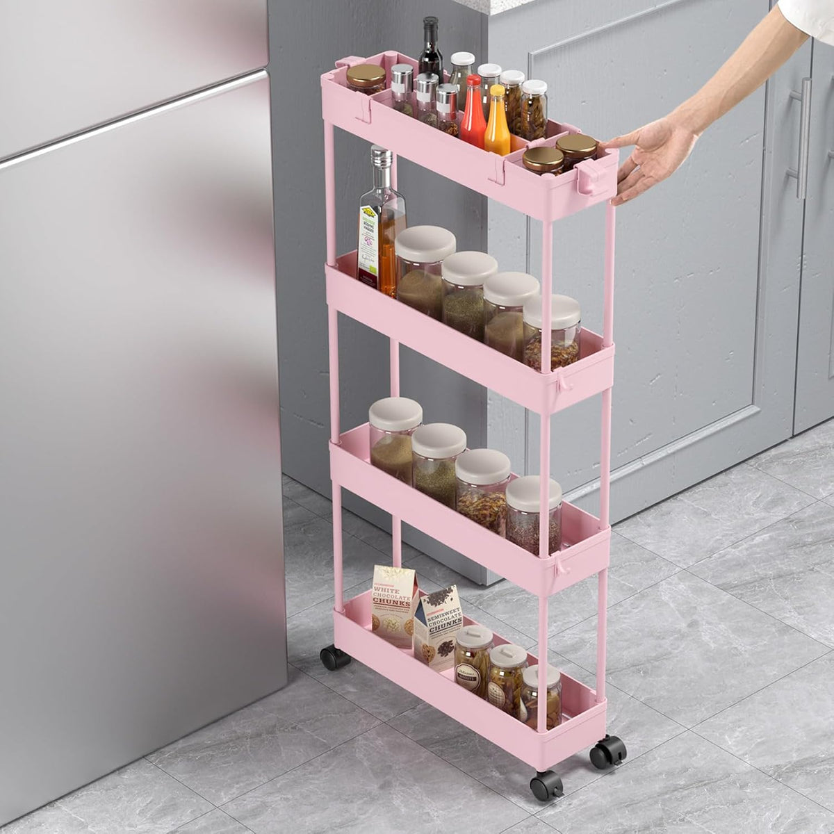 SPACELEAD Slim Storage Cart 4 Tier,Bathroom Organizer Rolling Utility, Mobile Shelving Unit Slide Out for Office, Kitchen, Laundry Room & Narrow Places,White