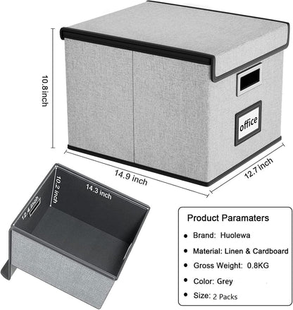 Upgraded Portable File Organizer Box with Lid, Collapsible Linen Hanging Filing Storage Boxes with Plastic Slides, Decorative Home/Office Filing System Box for File and Folders Storage (Gray)