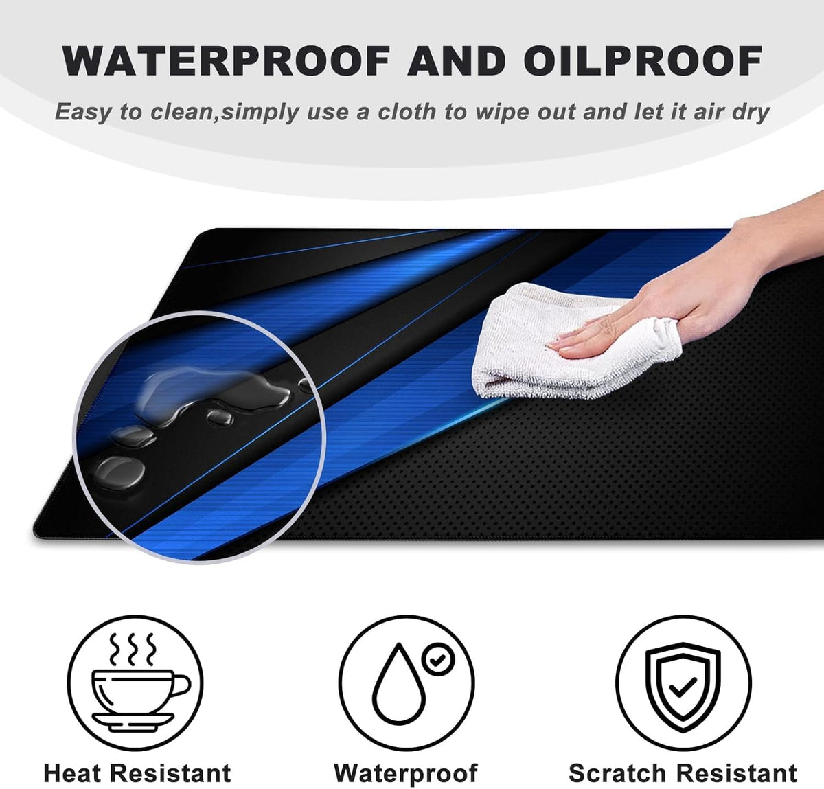 31.5" x 15.7" Waterproof Fabric Desk Pad, Rubber Anti-Slip Base, Stitched Edges No Curling, Fits Laptop Keyboard and Mouse, Smooth Office Mat Large Mouse Pad for Work Game, Black