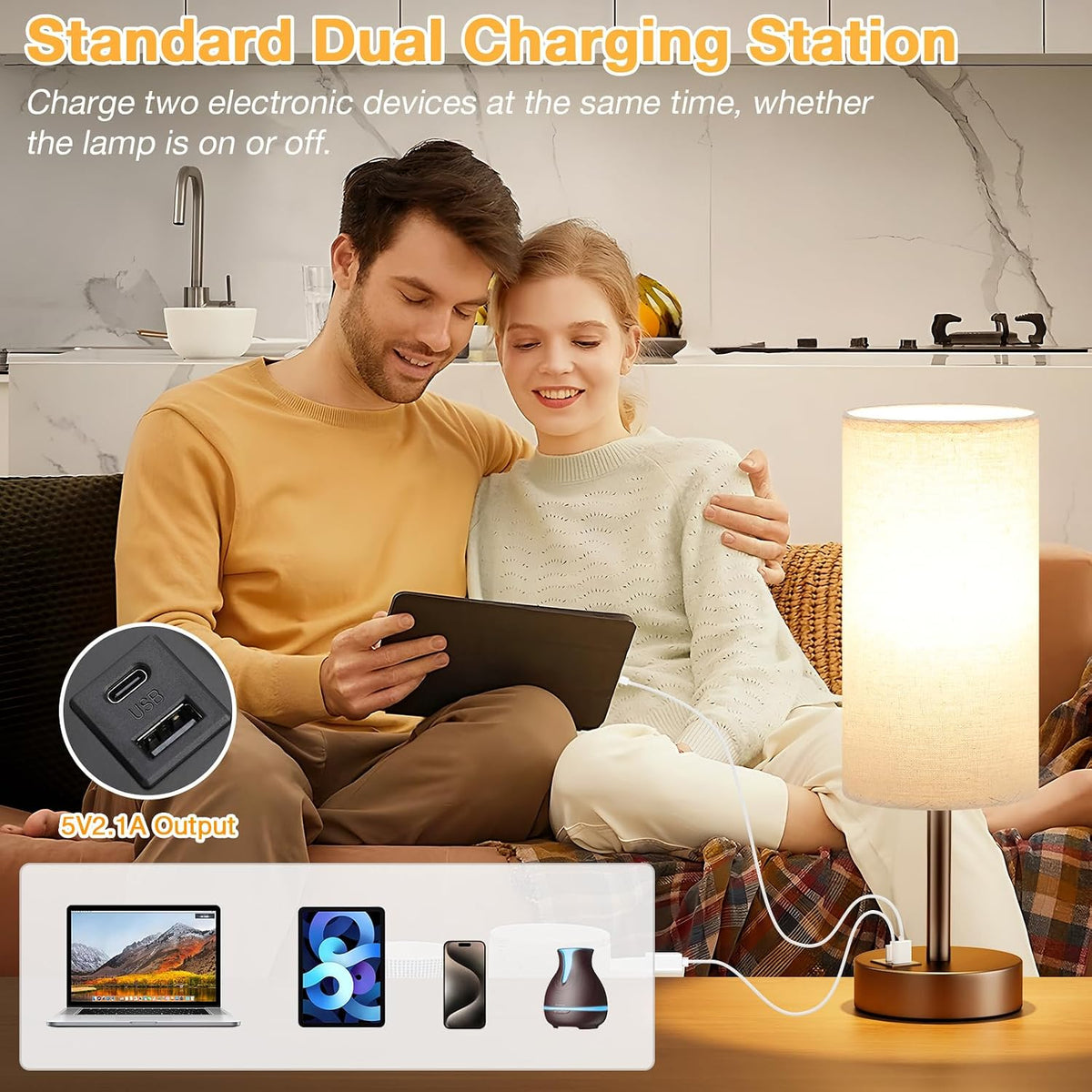 Dicoool Bedside Table Lamp for Bedroom - 3-Way Dimmable Touch Lamp, USB A+C