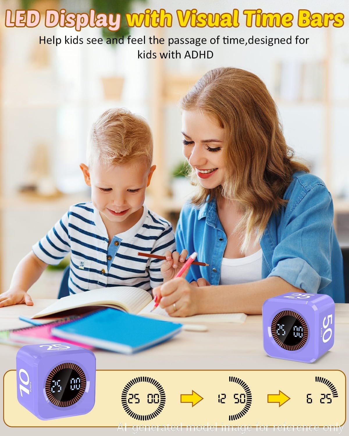 Digital Pomodoro Timer Cube 5/10/25/50min, Visual Productivity Flip Timer for Kids Classroom Desk, Custom Countdown, Silent and Sound Mode for ADHD Study Work Game Kitchen (Purple)