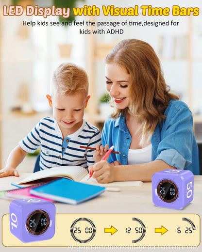 Digital Pomodoro Timer Cube 5/10/25/50min, Visual Productivity Flip Timer for Kids Classroom Desk, Custom Countdown, Silent and Sound Mode for ADHD Study Work Game Kitchen (Purple)