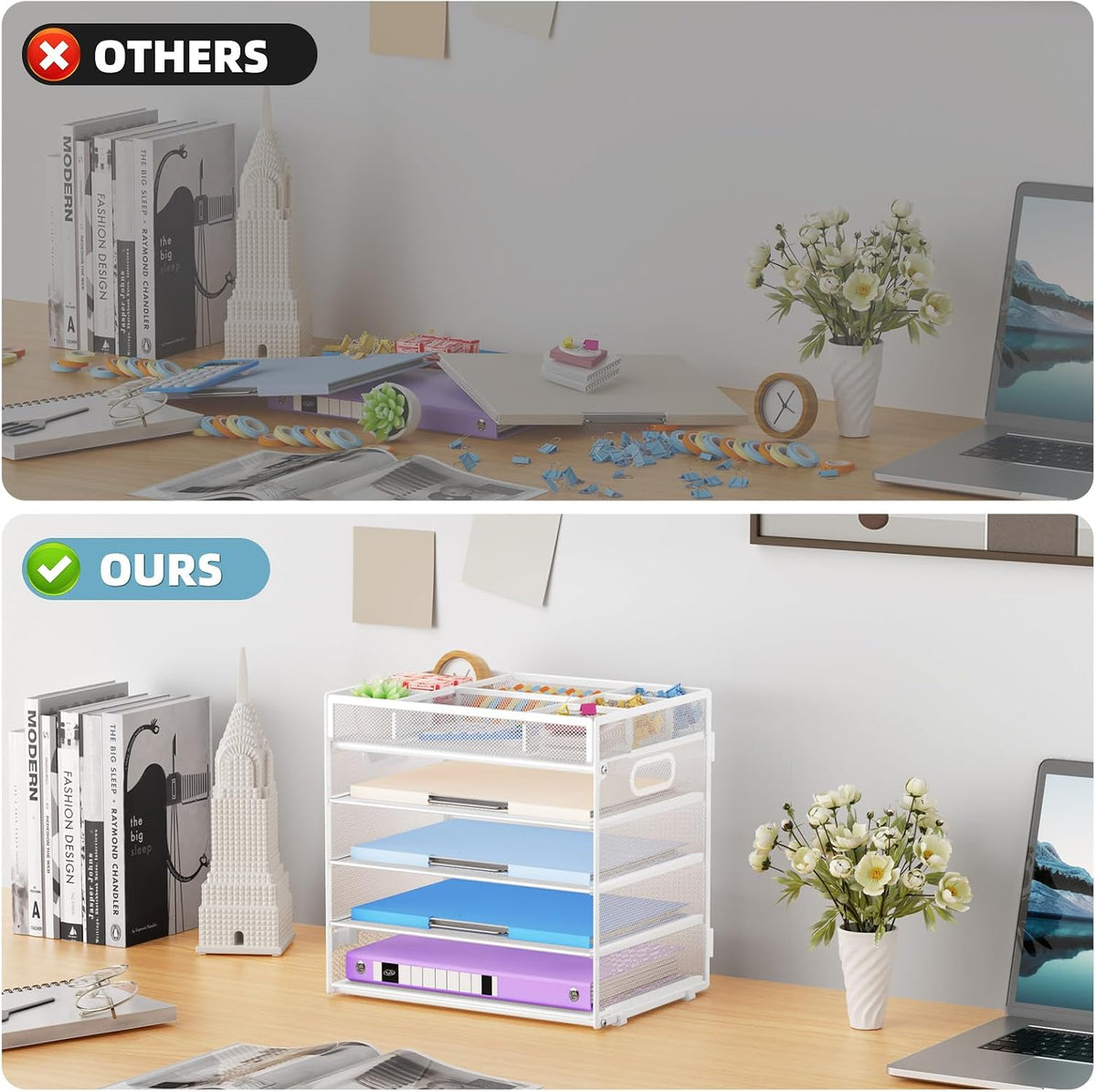 Marbrasse 5 Tier Paper Organizer Letter Tray, Mesh Desk File Organizer with Handle, Paper Sorter Desk Organizer for Home Office Supplies - Black, Adjustable