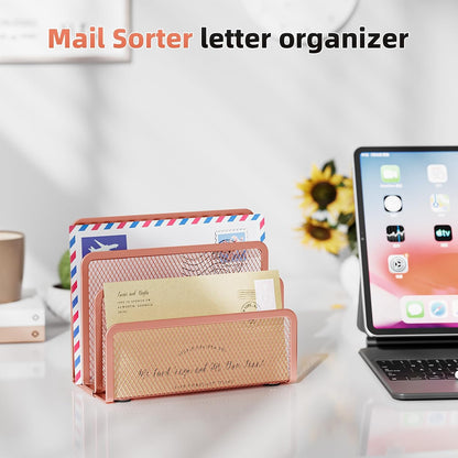 Marbrasse Mail Organizer for Desk, 3-Slot Mesh Metal Mail Holder countertop, Letter Holder, Office Desktop Envelope and Document Storage Rack (2P)