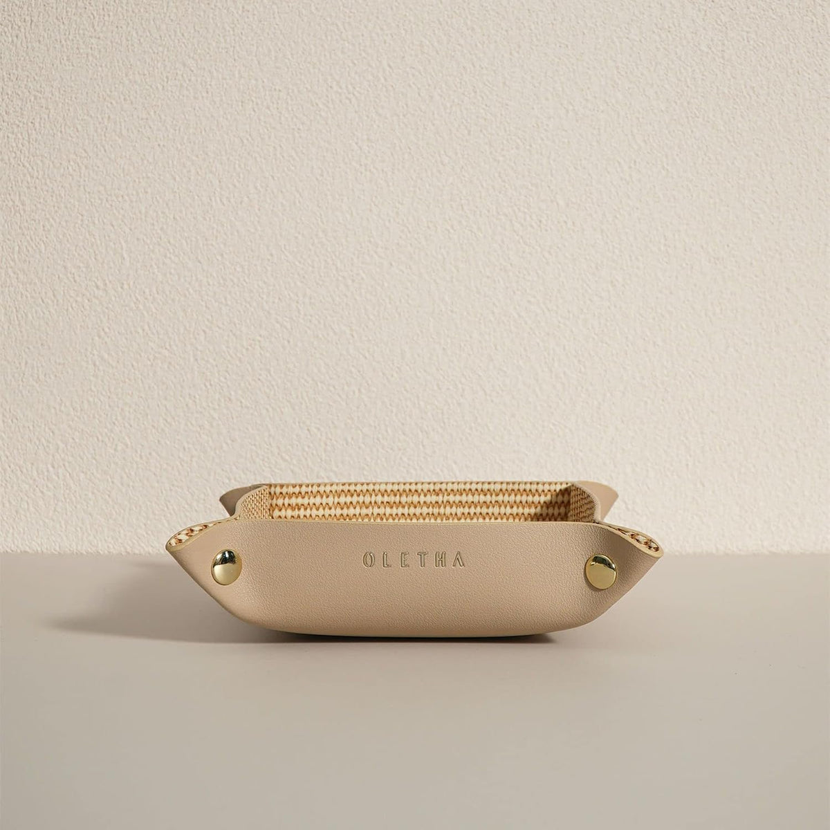OLETHA Small Foldable Valet Tray, Travel Essentials for Women, Portable Catchall Organizer for Jewelry & Keys, for Hotel Nightstands, Home Office & Desk, Aesthetic Faux Leather, Light Taupe