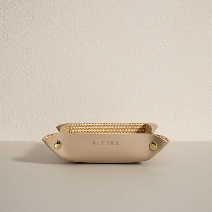 OLETHA Small Foldable Valet Tray, Travel Essentials for Women, Portable Catchall Organizer for Jewelry & Keys, for Hotel Nightstands, Home Office & Desk, Aesthetic Faux Leather, Light Taupe