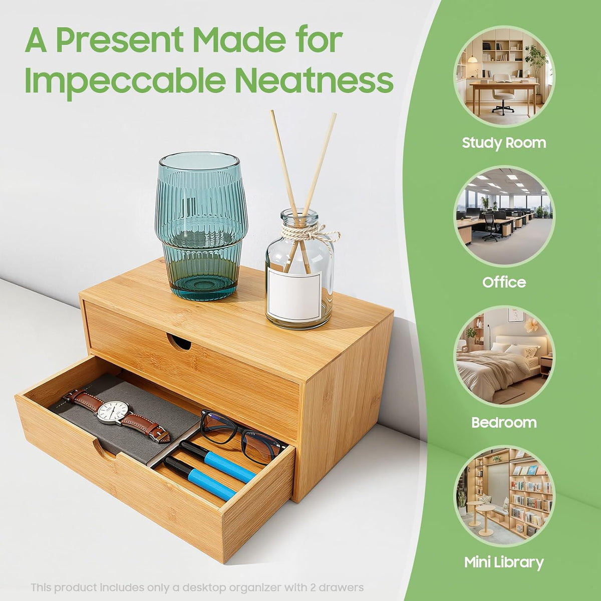Desk Organizer, Office Vanity Bamboo Desk Organizer, Mini Bamboo Desk Drawer Tabletop Storage Box with 2 Drawer Night Stand Table Organizer for Makeup Vanity Office Supplies (2 Drawer)