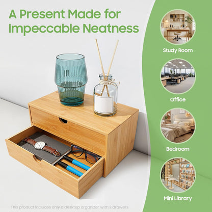 Desk Organizer, Office Vanity Bamboo Desk Organizer, Mini Bamboo Desk Drawer Tabletop Storage Box with 2 Drawer Night Stand Table Organizer for Makeup Vanity Office Supplies (2 Drawer)