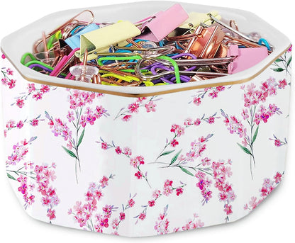 Paper Clip Holder Ceramic Paper Clip Holders Floral Paperclips Holder Dispenser Cute Gold Line Paper Clip Organizer for Desk Binder Clip Holder Bobby Pin Hair Clip Holder Gift for Office Pink Flowers