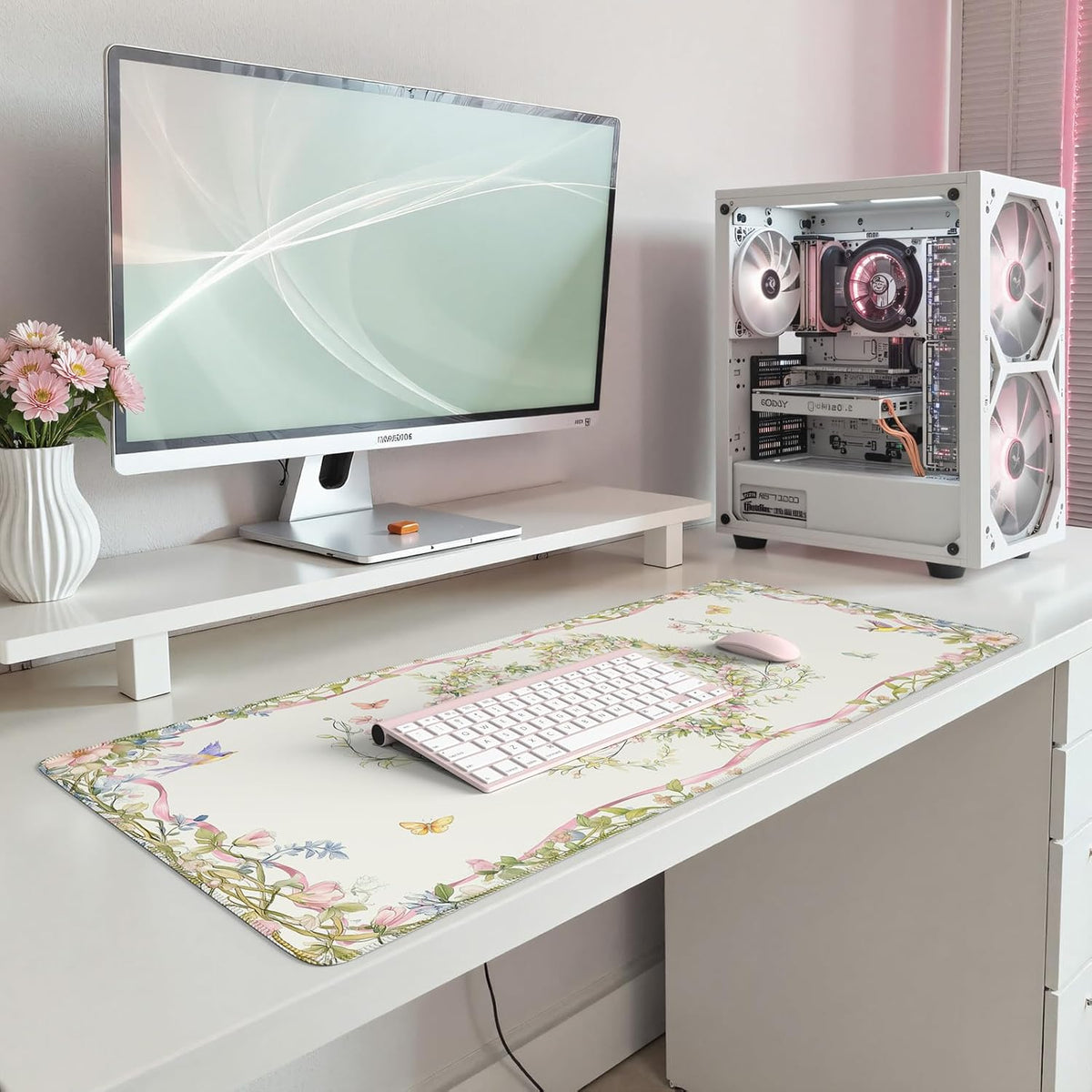 Desk Mat,Mouse Pad for Office Desk,35.4x15.7in,Pink Flowers