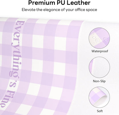 Checkered Pattern Desk Pad Protector, 35.5 x 13'' Aesthetic Mouse Mat for Desktop, Waterproof PU Leathe Non-Slip Desk Writing Pad for Office and Home, Green and Purple