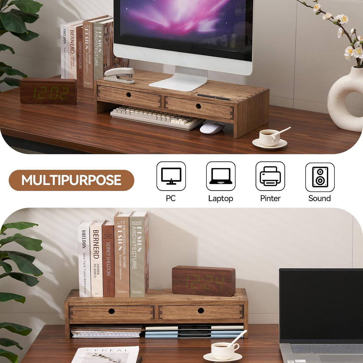KIRIGEN Wood Monitor Stand with 2 Drawers, Solid Wood Computer Monitor Riser for Desk, Desktop Organizer Shelf with Cable Management, Pen Slots, Brown, No Assembly PMJ-DBR