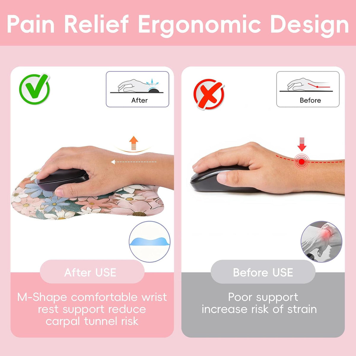 Wrist Support Mouse Pad Anti Slip Rubber Wrist Rest Mousepad 9in X 8in Small Desktop Notebook Mouse Mat for Working and Gaming (M-Pink Floral)