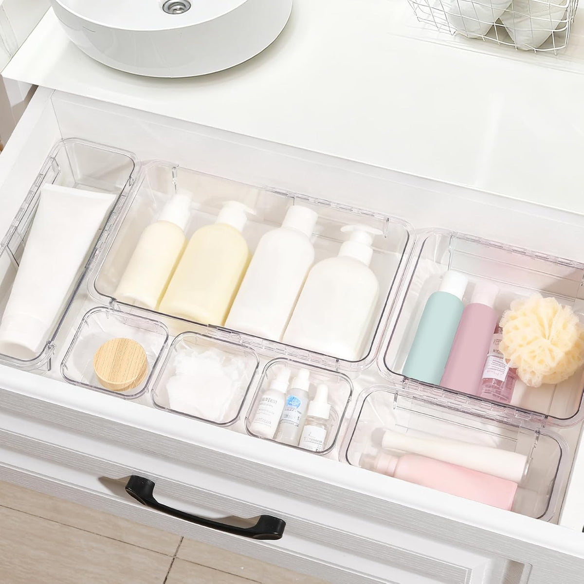 Adjustable Clear Drawer Organizer, Extendable Vanity Storage Bins, Desk Drawer Organizer Set for Makeup, Cosmetics, Bedroom, and Gadgets, Purple