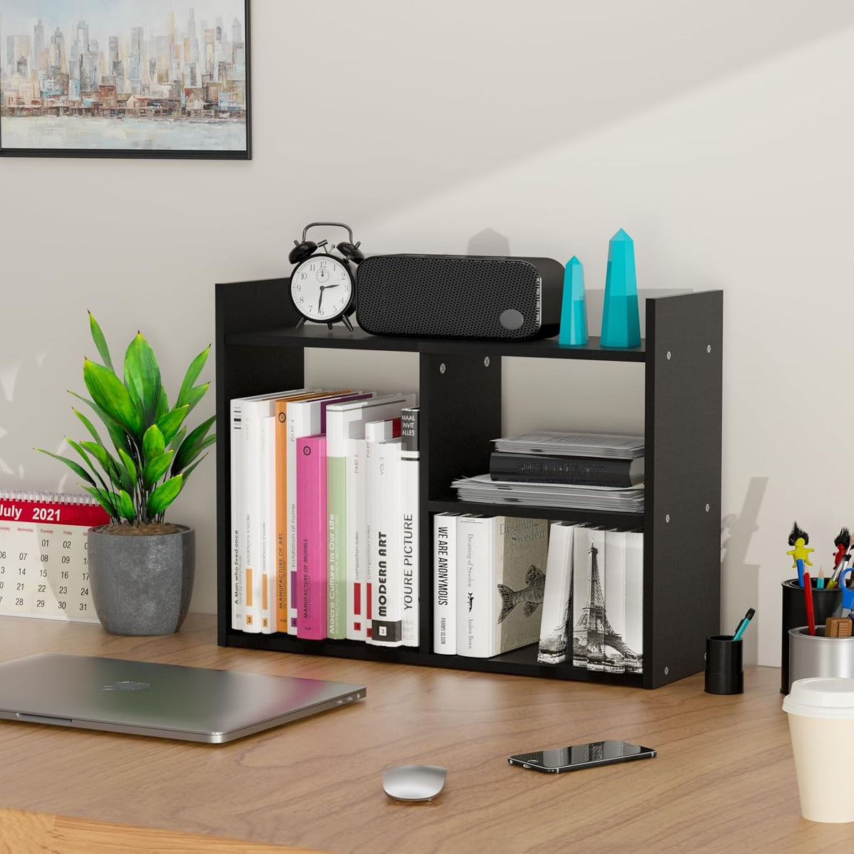Jerry & Maggie Desktop Organizer Office Storage Rack Adjustable Wood Display Shelf Free Style Double H, Multi-Functional Mini Bookshelf for Desk Natural Stand (White)