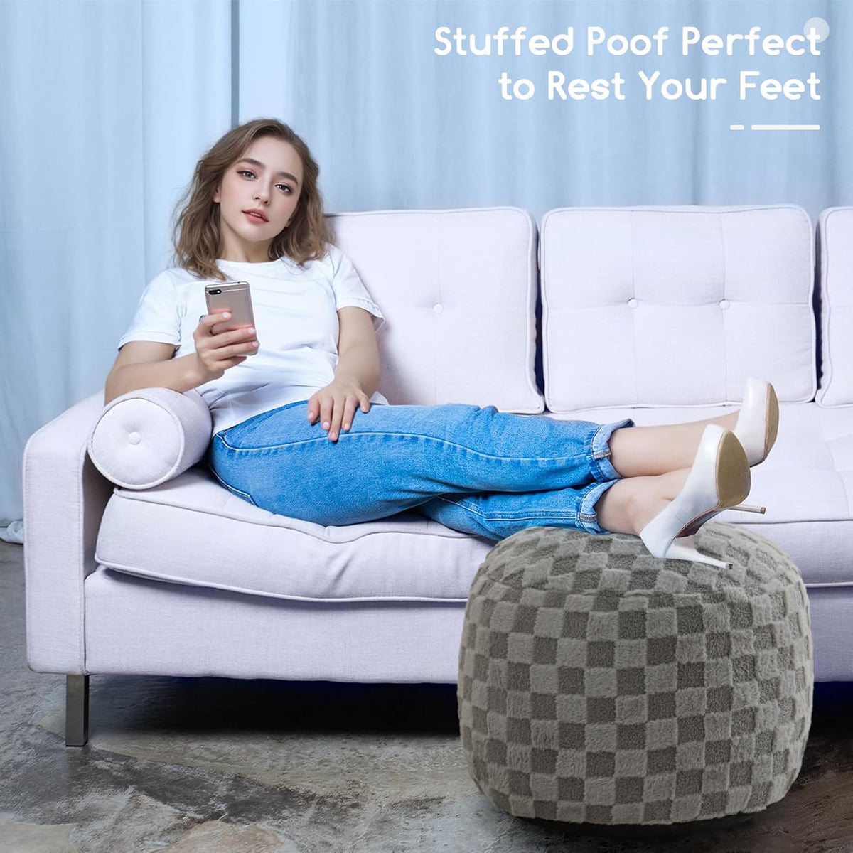 Round Stuffed Pouf Ottoman, Corduroy Poufs with Foam Chunk Filling, Furry and Fluffy Pouf Foot Stool Storage Ottoman, 20 X 15 Floor Poufs Foot Rest for Living Room, Dark Grey