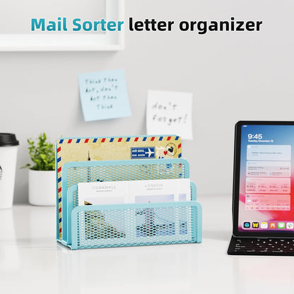 Marbrasse Mail Organizer for Desk, 3-Slot Mesh Metal Mail Holder countertop, Letter Holder, Office Desktop Envelope and Document Storage Rack (2P)
