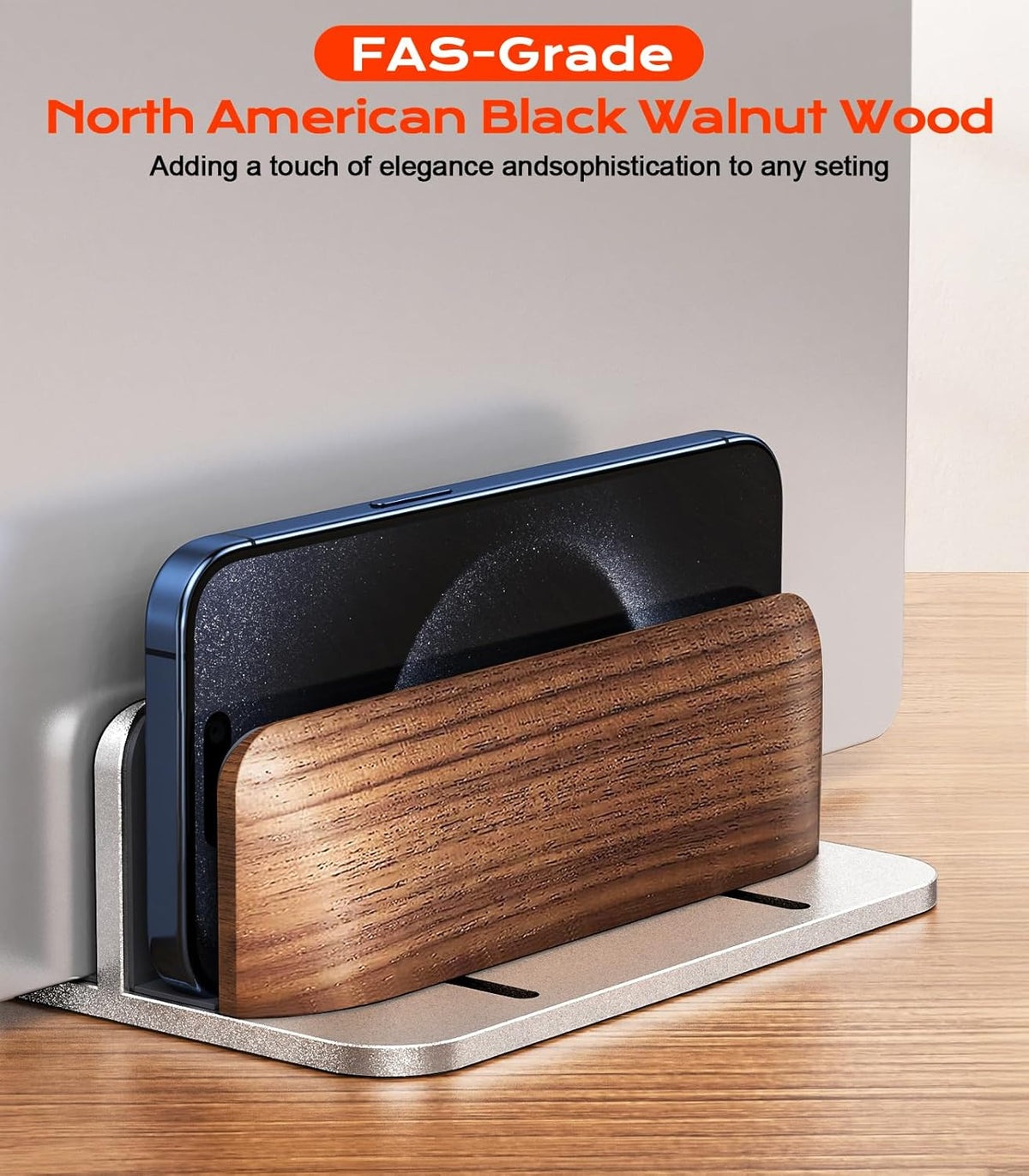 JCZT Vertical Laptop Stand, Walnut Dual Laptop Holder with Adjustable Aluminum Alloy Base Laptop Stand Compatible with All MacBok/Surface/Samsung/HP/Dell/Chrome Book (Silver)