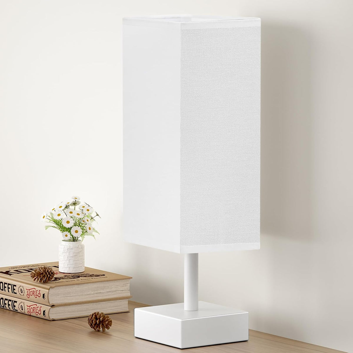Wood-Grain Small Bedside Lamp for Bedroom - Square Cream Fabric Shade