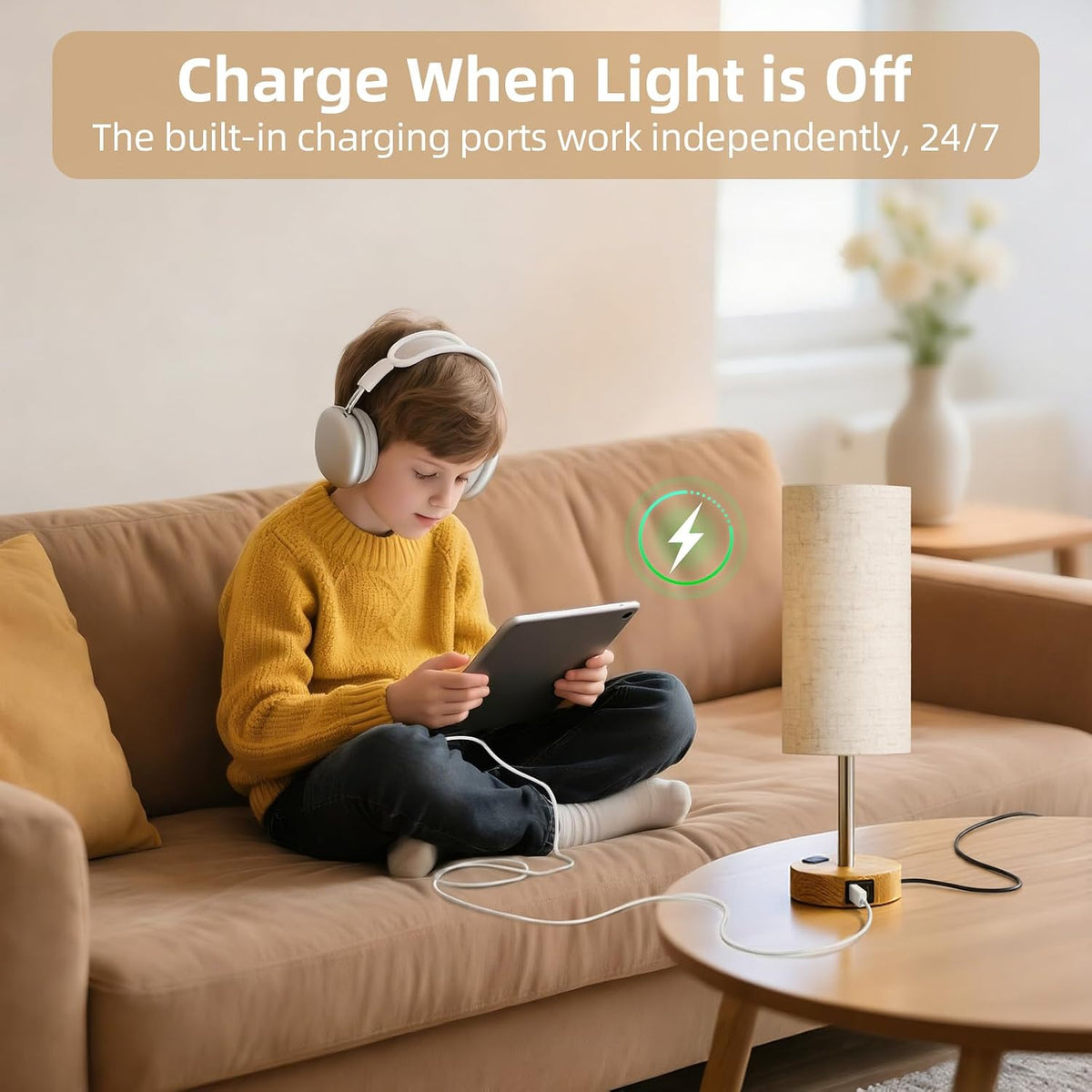 Table Lamp for Nightstand, High-Sensitivity Touch, 3-Level Dimmable Bedside Lamp with AC Outlet | USB | and USB-C, Ideal Night Stand Lamp for Bedroom, Reading, Living Room(Warm&Wooden)