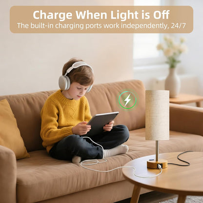 Table Lamp for Nightstand, High-Sensitivity Touch, 3-Level Dimmable Bedside Lamp with AC Outlet | USB | and USB-C, Ideal Night Stand Lamp for Bedroom, Reading, Living Room(Warm&Wooden)