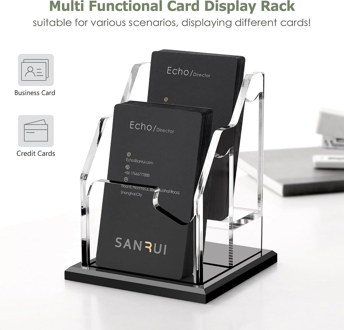 Black Business Card Holder for Desk 1 Slot Clear Acrylic Horizontal