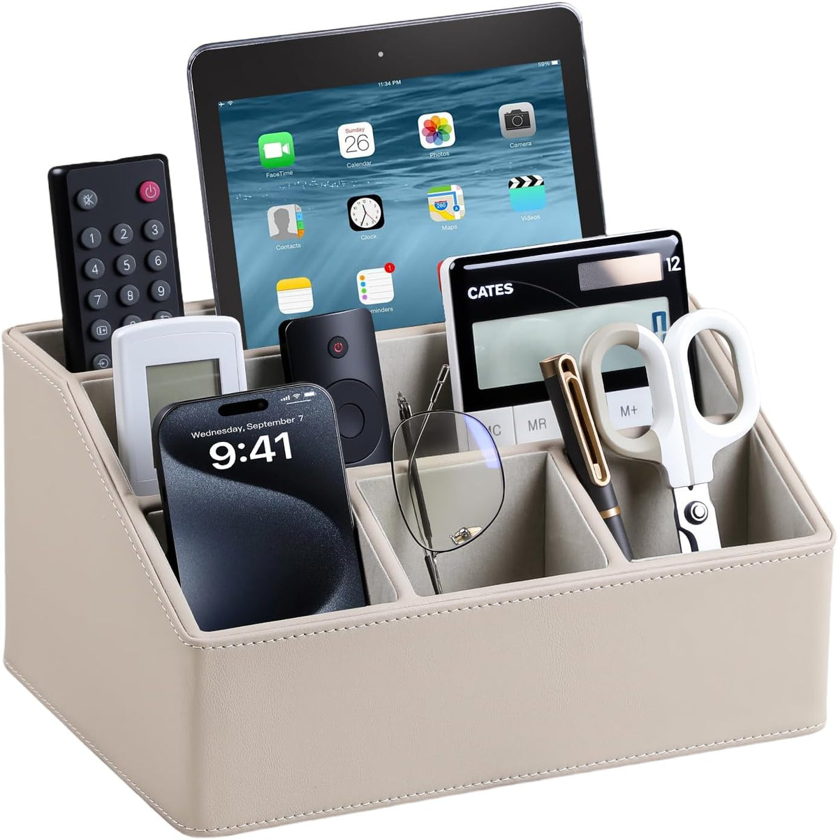 PU Leather Desk Organizer, Luxury Remote Control Holder for Home, Office Desk Accessories Table Caddy Bedside Nightstand Organizer (Black)
