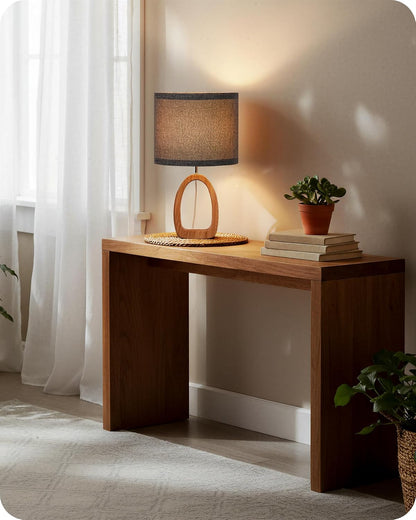Small Table Lamp, 14.2" Cute Little Desk Lamp, Wood Bedside Lamp with Linen Lampshade, Modern Nightstand Lamp for Bedroom, E26 Base, Bulb Not Included, Beige and Dark Natural LE07TL05